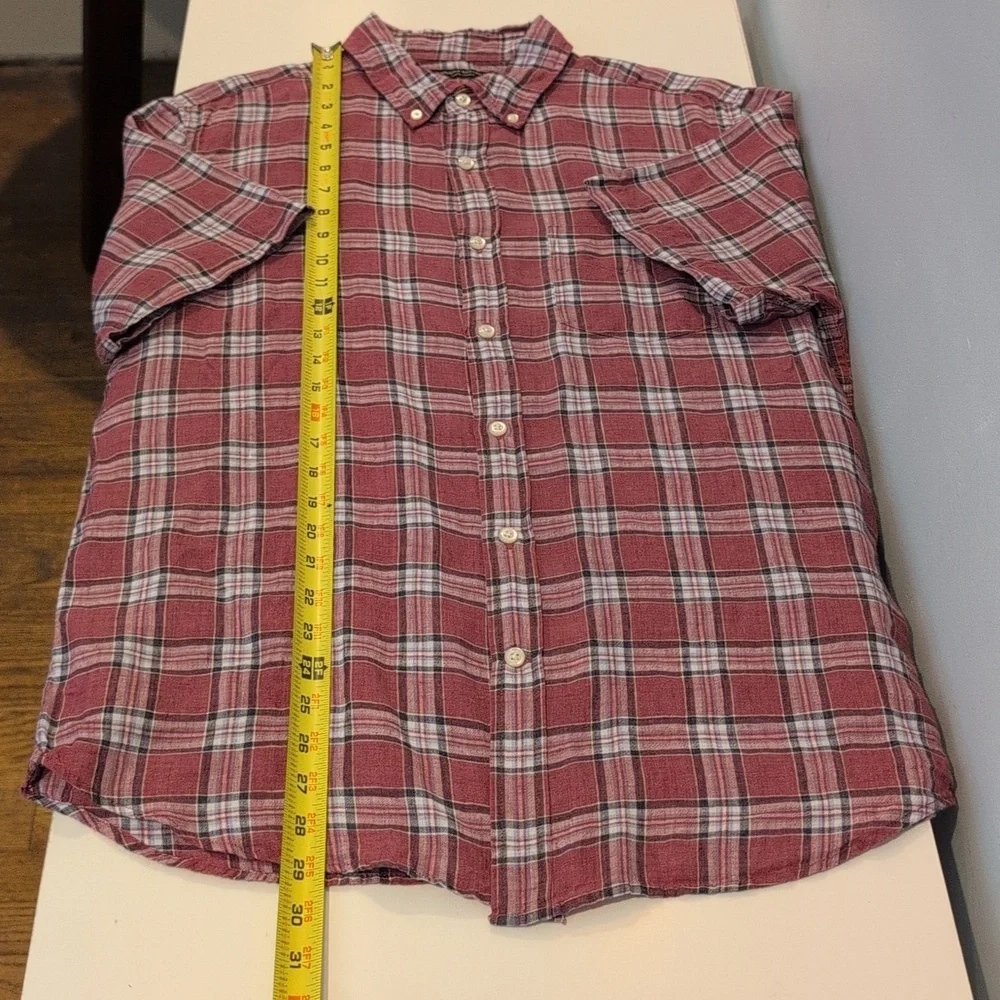Banana Republic Men's Medium Linen Camden Standard Fit Short Sleeve Plaid Shirt